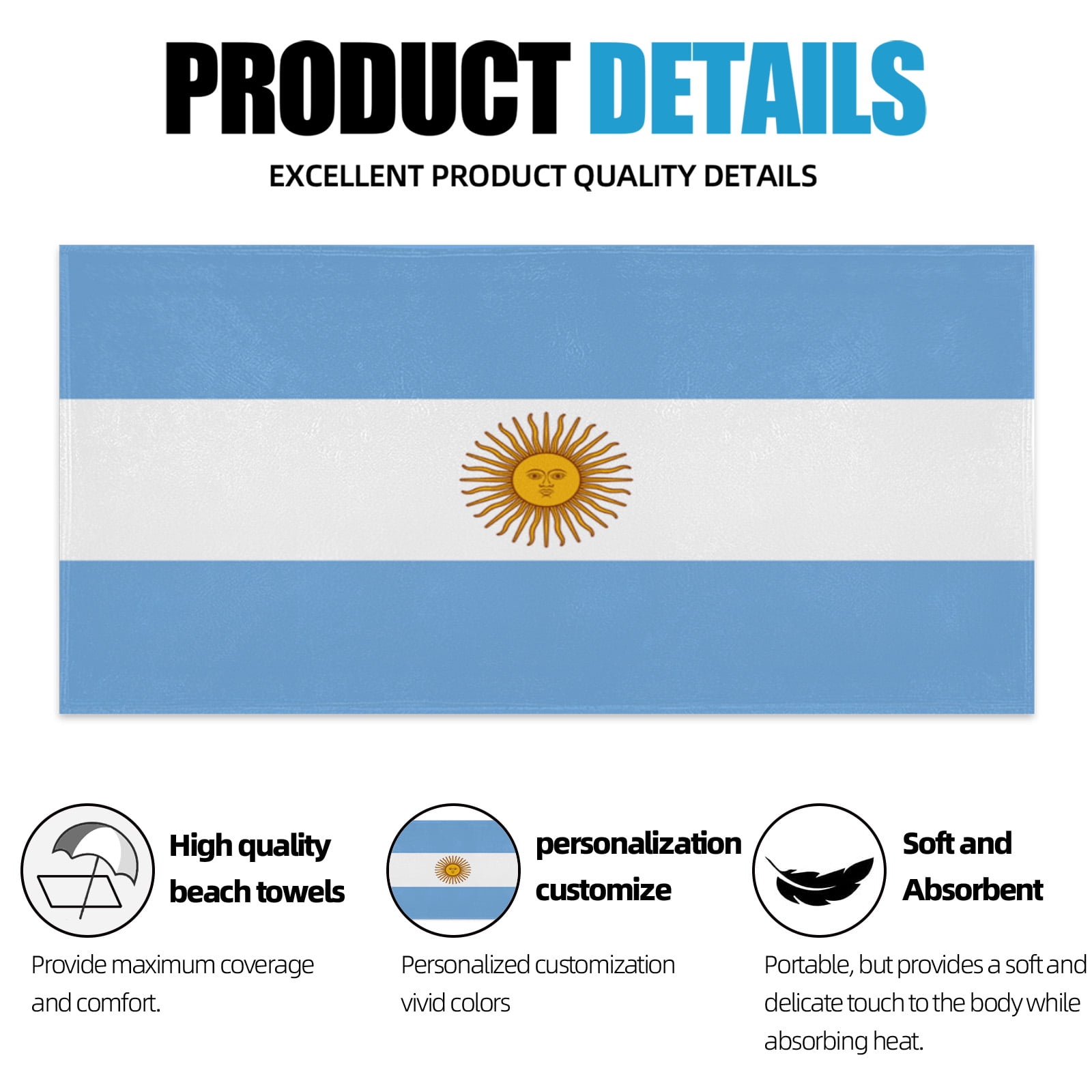 Livetty 2pcs Argentina Flag Beach Towels, Single-Sided Printed Argentine Towels for Beach, Bath, Pool 70.8x35.4in
