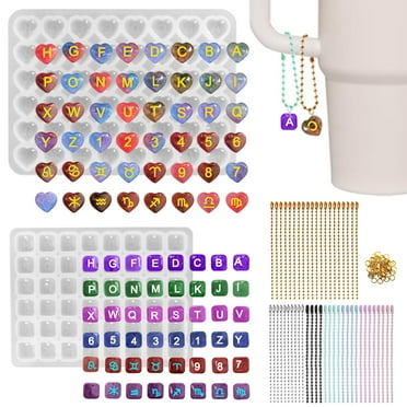 96 Pcs Resin Letter Molds, AFUNTA Alphabet Number Resin Molds Silicone with Hole Heart Shape Square Pendant Silicone Molds for Epoxy Resin Casting, DIY Water Cup Handle Charm