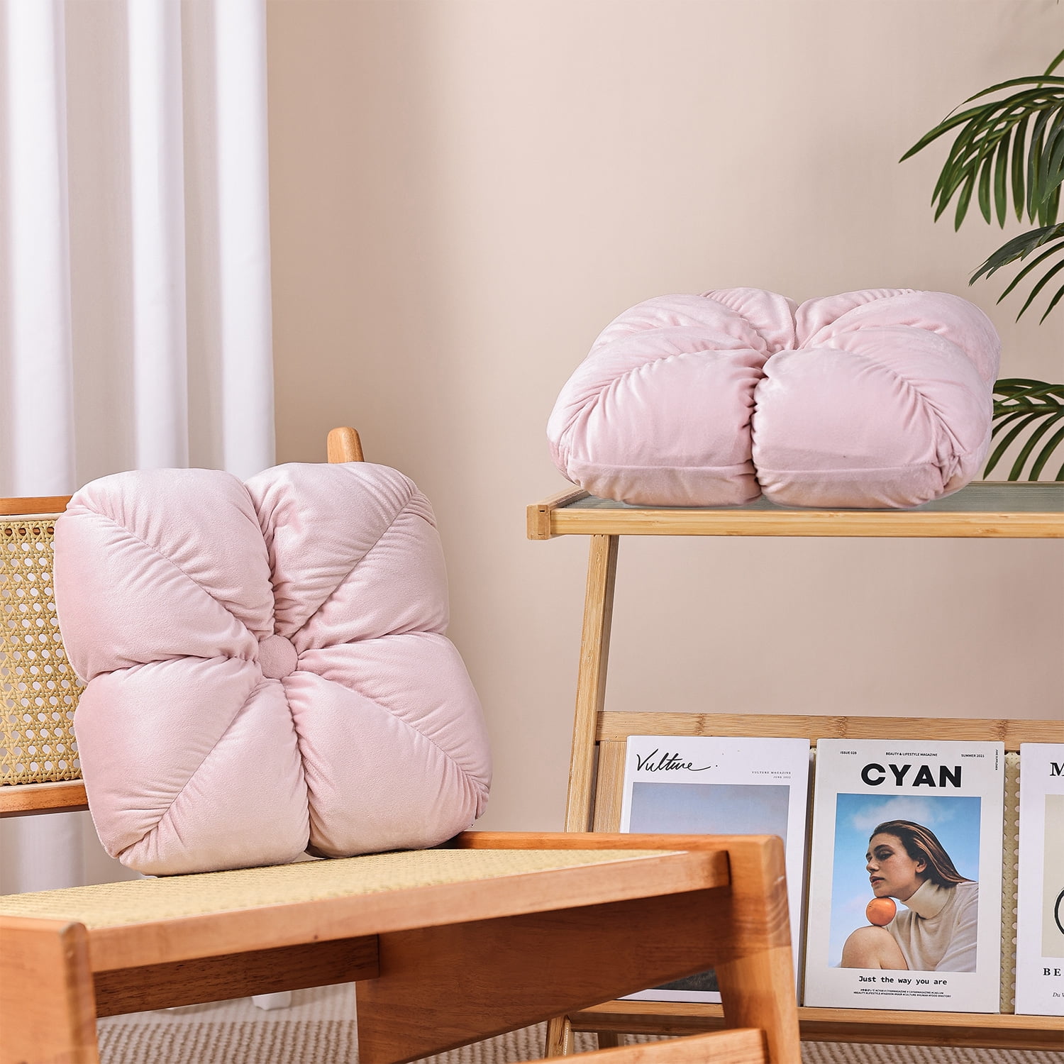 Set of 2 14" Square Velvet Flower Knot Accent Throw Pillows