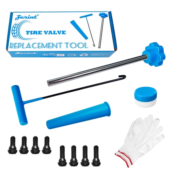 Tire Valve Stem Core Replacement Tool Kit - Quick Change Tool for Cars, Trucks, ATVs and Motorcycles, with 4 pcs TR413, 4 pcs TR412 Valve Stems, Grease and Gloves