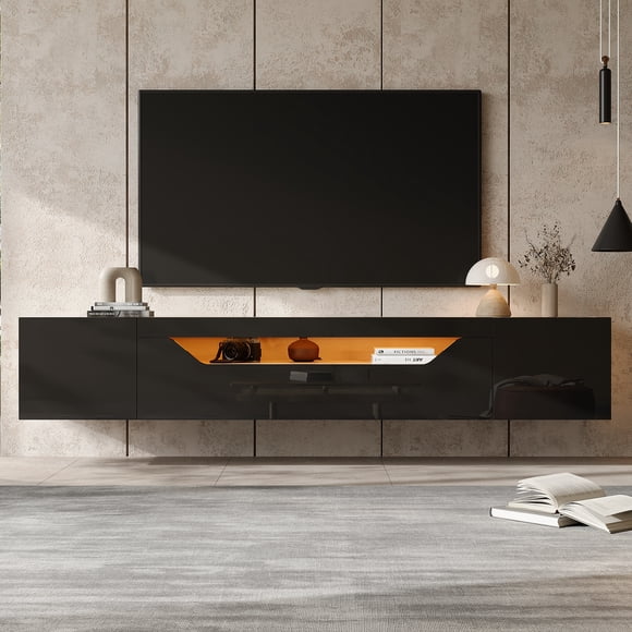 imerelez 64.9" Wall-Mounted TV Cabinet with LED Light, 3 Storage Compartments, High-Gloss Black+Natural, Floating Shelf, Fits 65-Inch TV