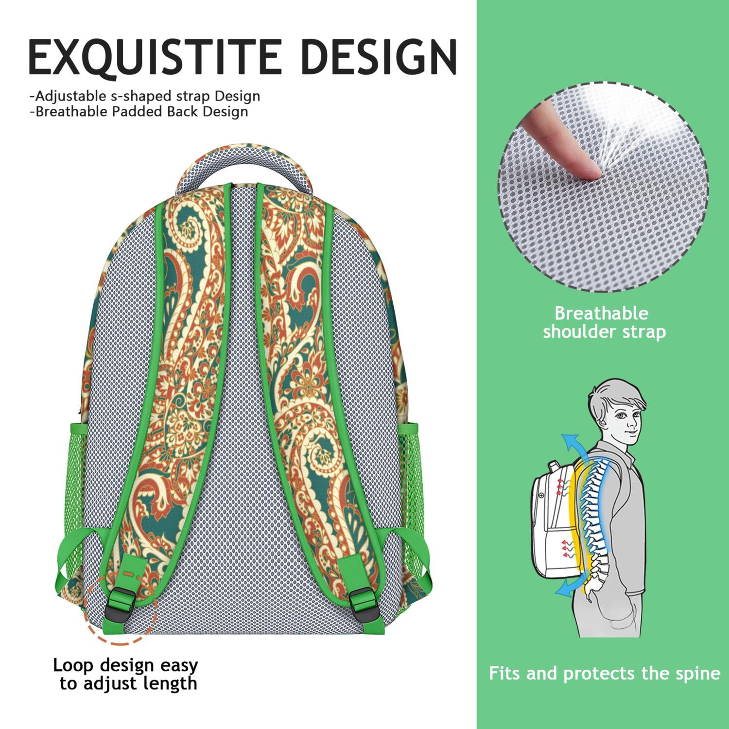 Elegant Exotic Paisley Backpack - Lightweight Waterproof School Bag with Adjustable Shoulder Straps