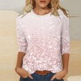 thumbnail image 4 of Bowake Hauts d'Été pour Femmes 2024 Col Rond Manches 3/4 T-Shirts Pailletés Scintillants pour Femmes T-Shirts Décontractés Chics Roses 6, 4 of 6