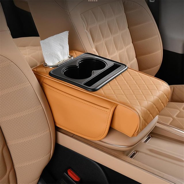 Integrated Pressurized Multifunctional Car Armrest Heightening Pad, Car Armrest Storage Box with 2 Cup Holders, with Pillow Cushion & Protective Cover