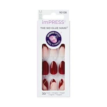 KISS imPRESS No Glue Needed Press On Nails, Design, Fade Into You, Red, Medium Almond, 30 Count