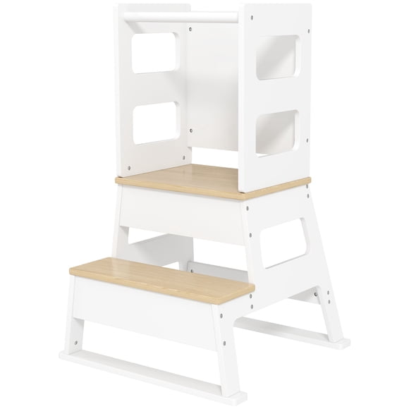 Qaba 2-in-1 Kitchen Helper Tower with Chalkboard - White Step Stool for Bathroom, Kitchen & Learning Activities - Sturdy MDF & Pine Design