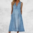 thumbnail image 3 of Vestido vaquero Iaukyu sin mangas con cuello en V, bolsillos resistentes al encogimiento, dobladillo grande, vestido midi para mujer, ropa de calle, 3 of 7