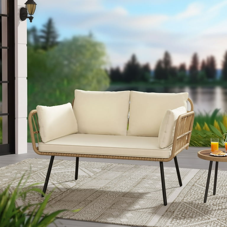 Dextrus Patio Sofa and Loveseat Boho All Weather Wicker Rattan Conversation Chairs with Cushions Lumbar Pillows Beige