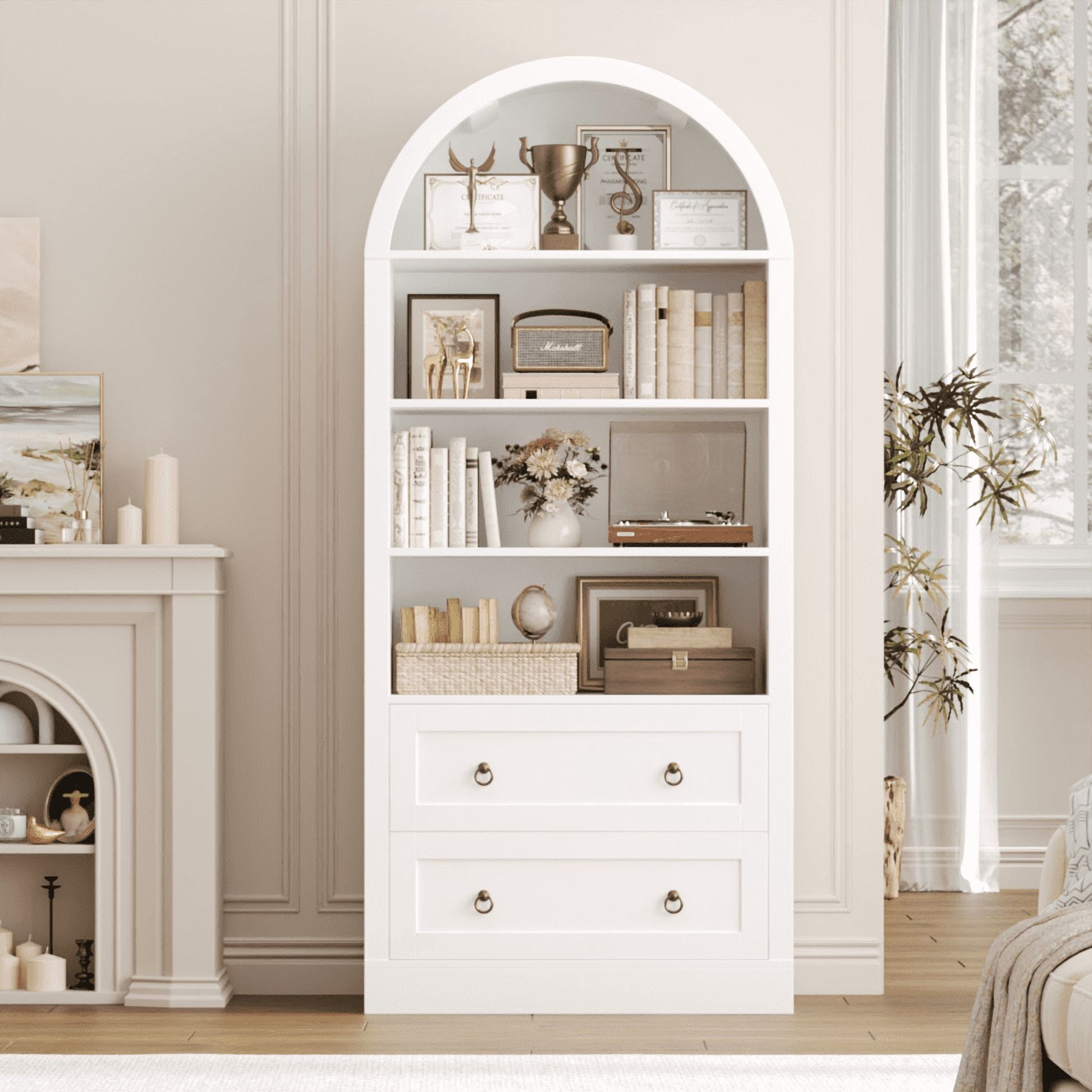 Hiphuta 70"Tall Arched Bookcase, 4-Tier Bookshelves with 2 Large Drawers, Wooden Display Shelf with Storage for Living Room Home Office, White