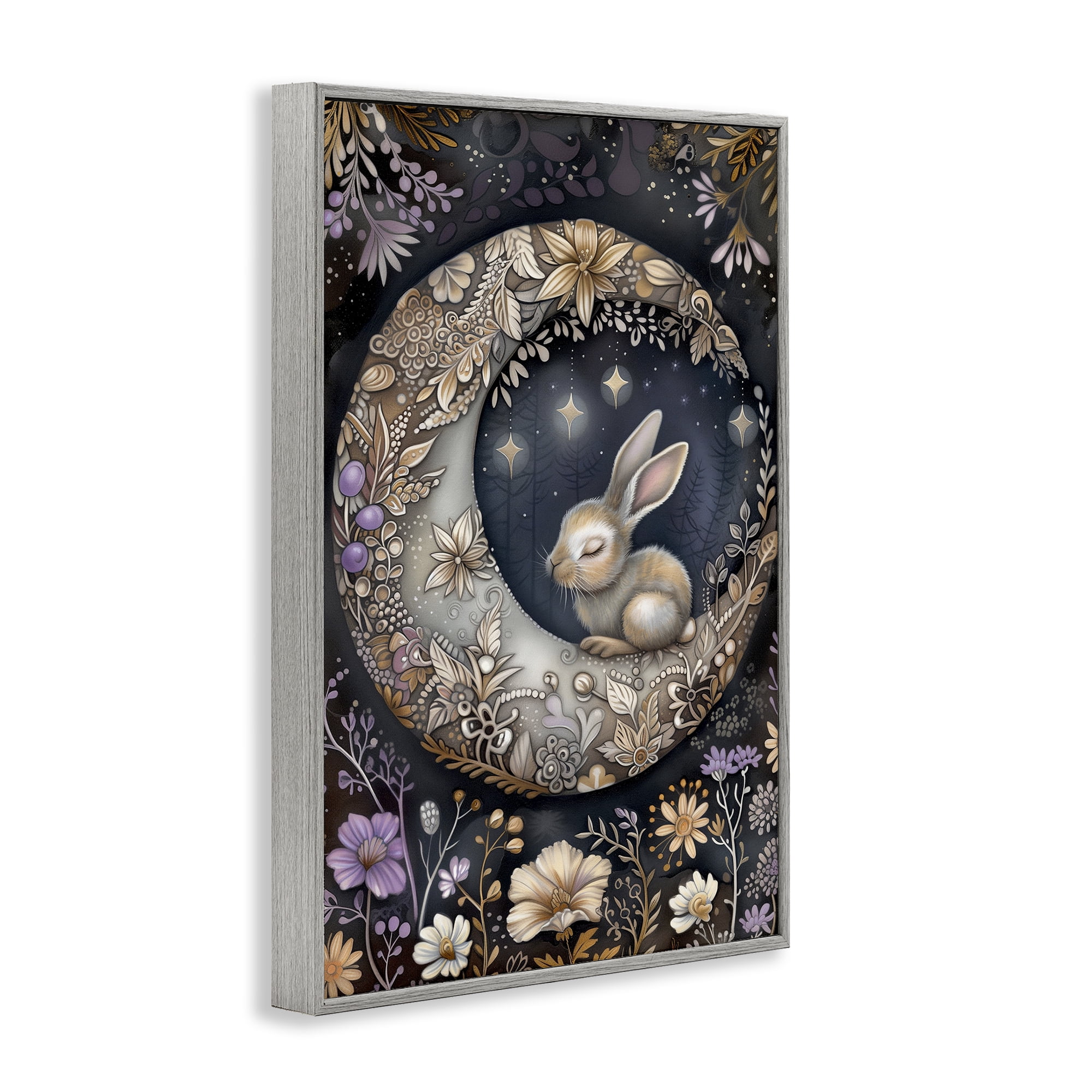Stupell Industries Rabbit Sleeping on Moon Animals & Insects Painting Gray Framed Art Print Wall Art, 12 x 18
