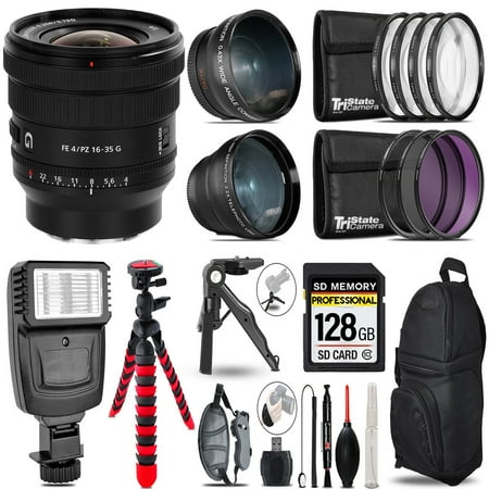 Sony FE PZ 16-35mm f/4 G Lens -3 Lens Kit + Slave Flash + Tripod - 128GB Accessory Bundle