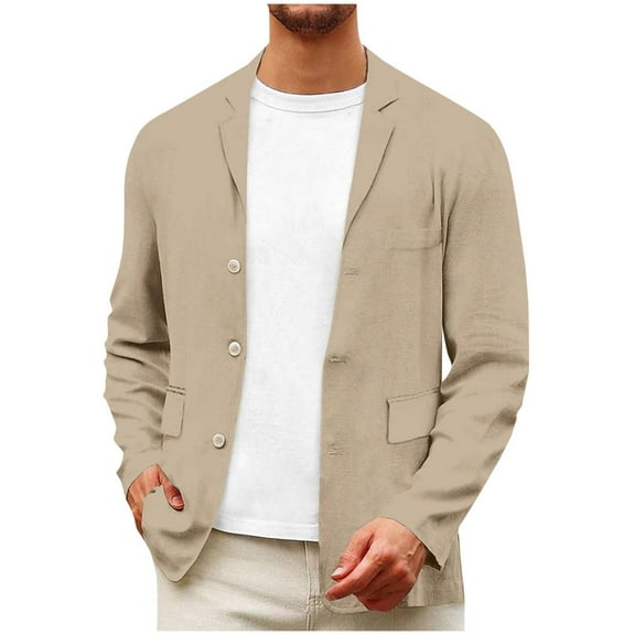 Linen-Cotton Blazer for Men Lapel Solid Color withsuit Jacket with Pockets Lightweight Casual Men's Sports Coat 3 Button up Yellow XXXL