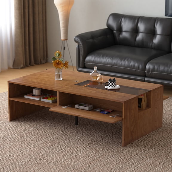 gaoyangjiaju Mid-Century Modern 51.18" Coffee Table with LED Light & Storage, Versatile Living Room Table for Home Decor & Organizing, Stylish Center Table for Living Room, Walnut