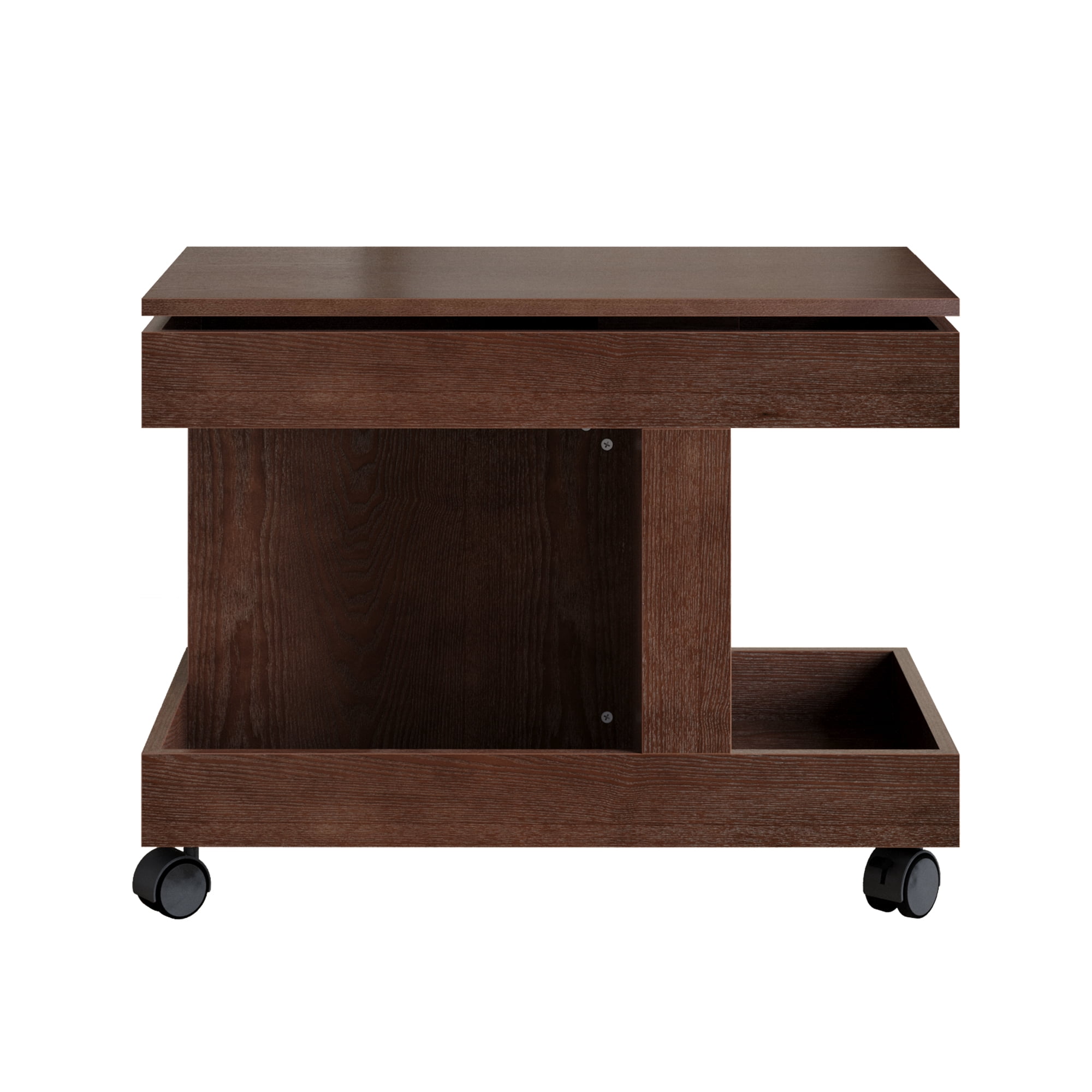Small Coffee Table with Wheels and 360° Rotating Desktop, Rolling Side Table and Mobile End Table with Storage for Living Room Bedroom, Walnut Brown
