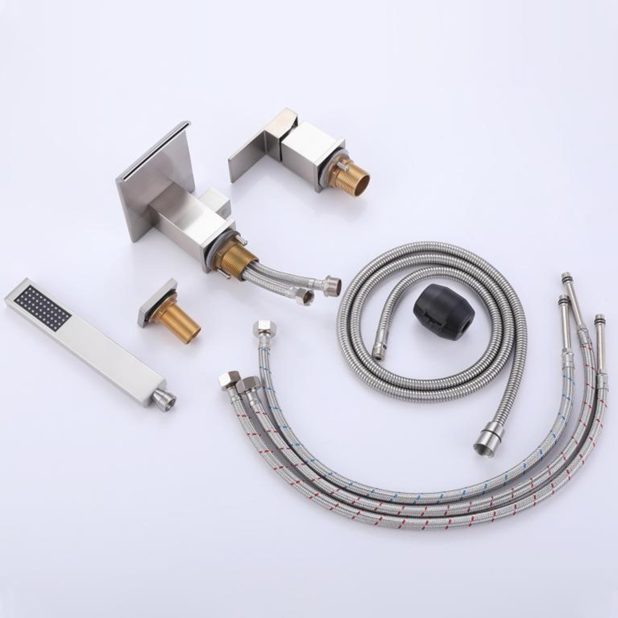 Three Holes Deck Mounted Roman Bathtub Faucet with Hand Shower, Widespread Waterfall Tub Filler