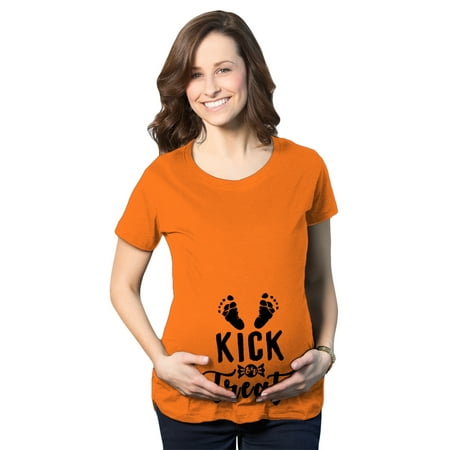 

Maternity Kick Or Treat Tshirt Funny Halloween Pregnancy Announcement Tee (Orange) - L