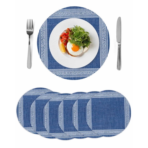 Dark Blue Retro Greek Key Round Placemats Set of 6 for Dinning Tables,Heat-proof Braided Table Mats 15 Inch,Geometric Greece Ancient Rustic Washable Place Mat for Kitchen Restaurant Party Table Decor