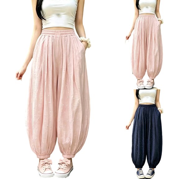 Shadoumai Girls Lantern Pants,Summer Flowy Wide Leg Elastic High Waist Beach Harem Pants Lightweight Comfy Vacation Trousers