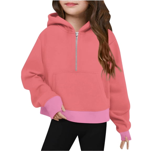 Lenpel Hoodies for Girls Casual Long Sleeve Half Zip Hooded Cropped Sweatshirts Pullover Sweatshirt Tops with Thumb Holes(Watermelon Red,13-14 Years)