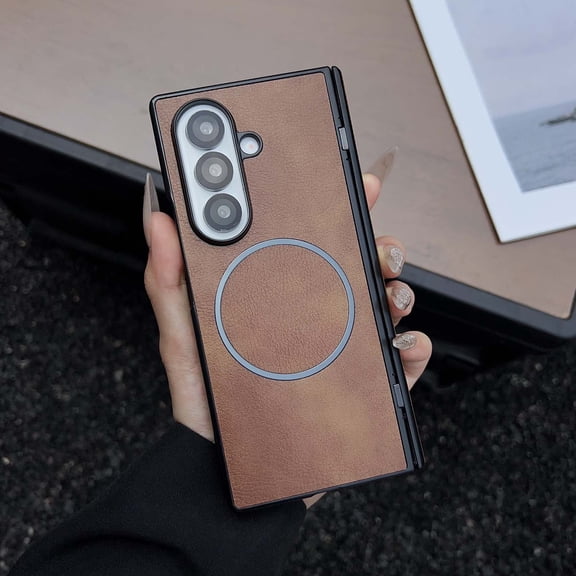 For Samsung Galaxy Z Fold 4 Magnetic Phone Case,2-in-1 Heavy Duty,Compatible with Mag-safe,With Hinge Protection,Ultra Slim PU Leather Shockproof Anti-Scratch Rugged Phone Case,Brown