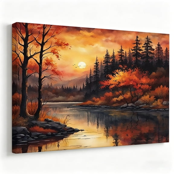Autumn Lake Landscape Canvas Wall Art, Sunset Forest Painting, Orange Fall Trees Nature Scenery Print, Rustic Home Decor for Living Room Bedroom 8*12