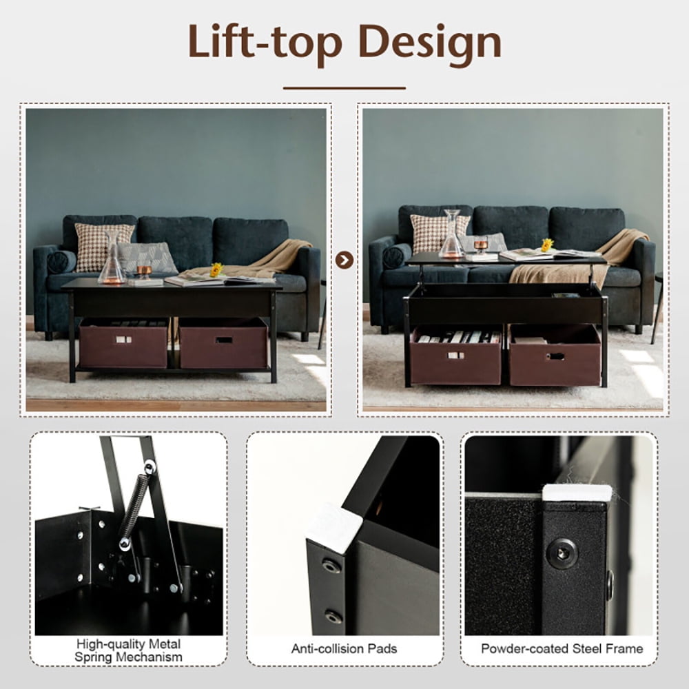 Finihen Rectangular Coffee Table, Lift Top Coffee Table, Central Table with Drawers and Hidden Compartment, for Living Room, Reception Room, Black