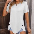 thumbnail image 2 of Fashion Olyvenn Summer New Women's Round Neck Jacquard Tops Irregular Hem Blouse Short Sleeve Buttons Casual T-shirt White XL, 2 of 5