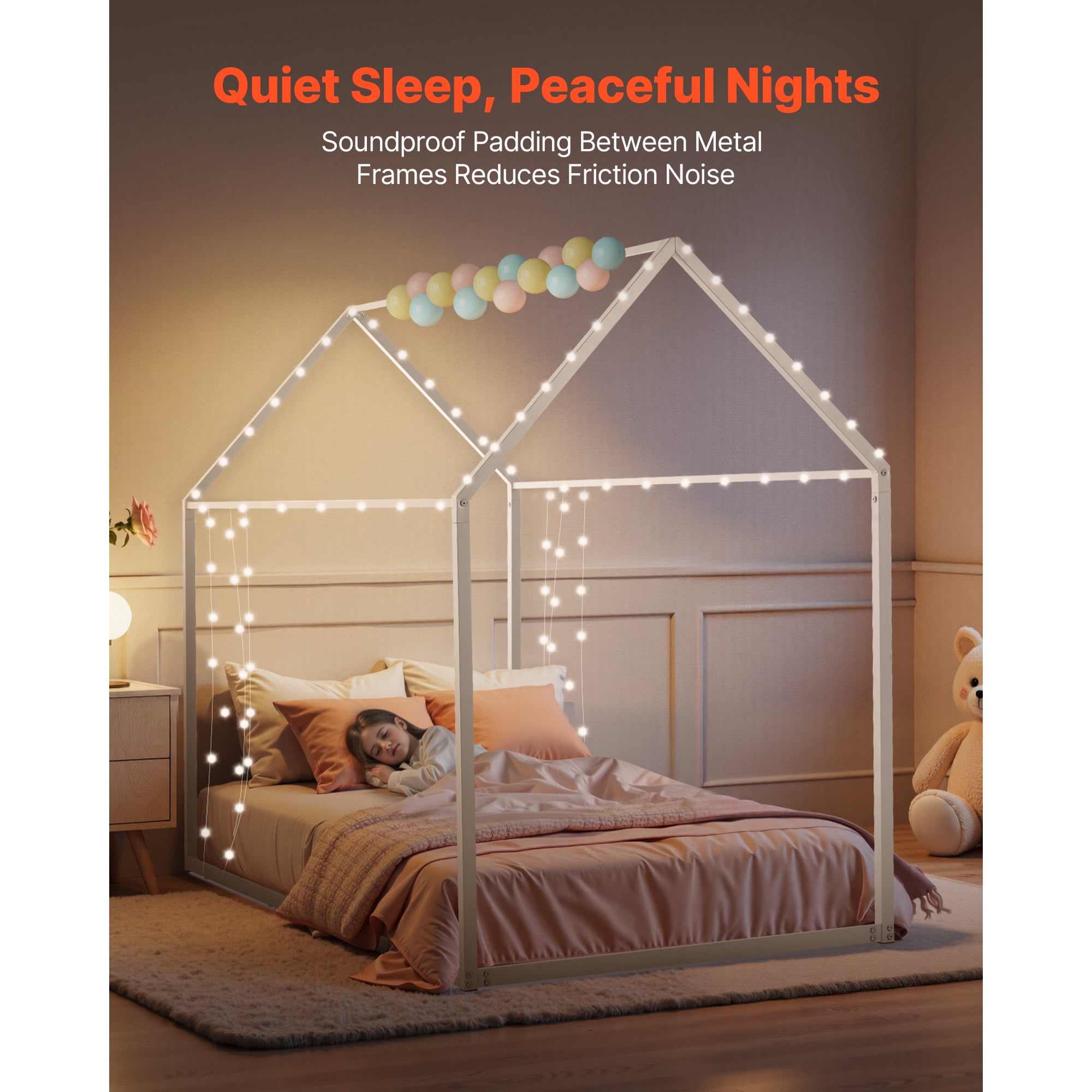 KFFKFF Twin Size Canopy Bed Frame, Kids Floor Bed with Roof Design, Durable Steel Slats Support, House-Shaped Frame for Boys and Girls, No Box Spring Required, Simple Assembly, White