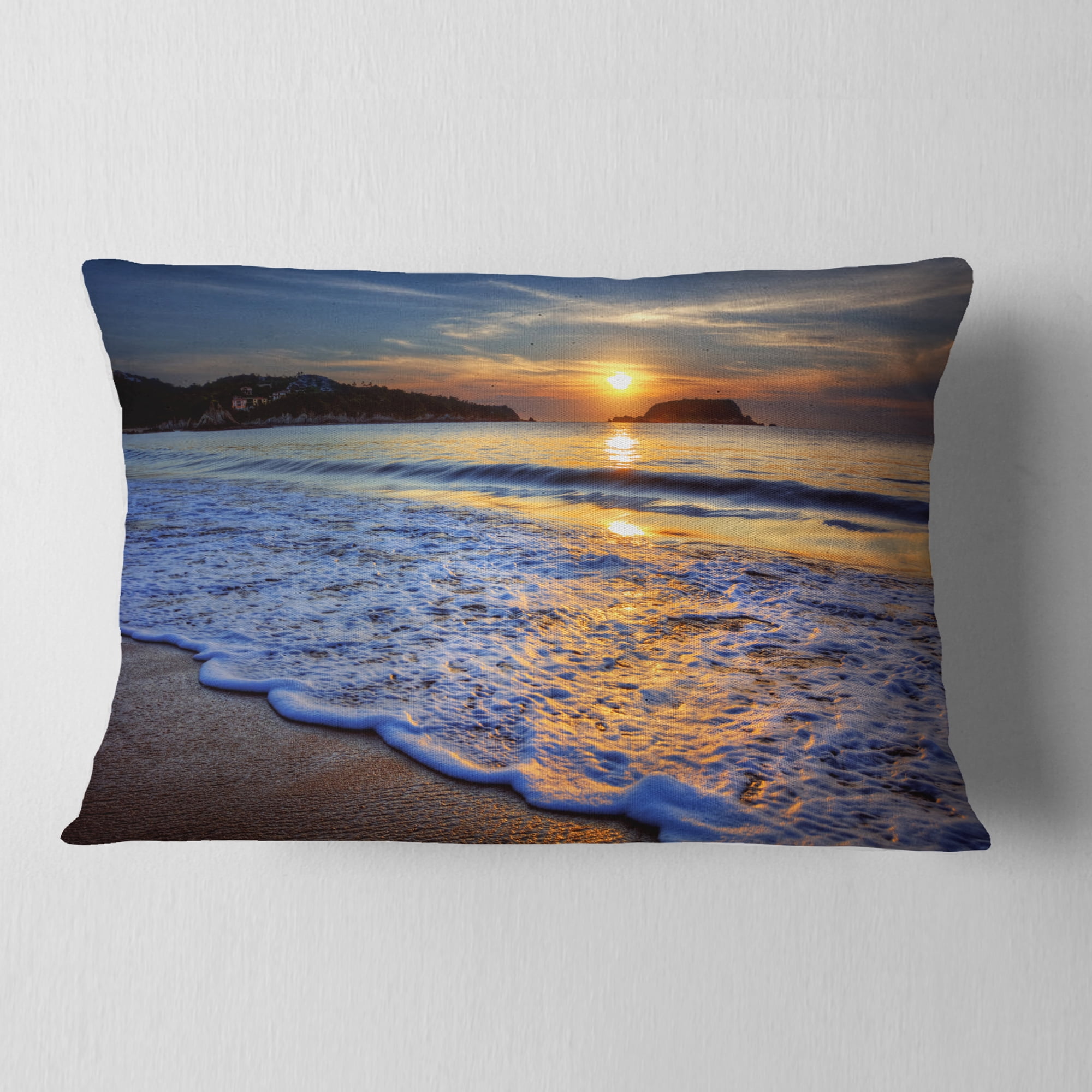 Designart Calm Seashore with Blue Waves - Seashore Throw Pillow - 12x20