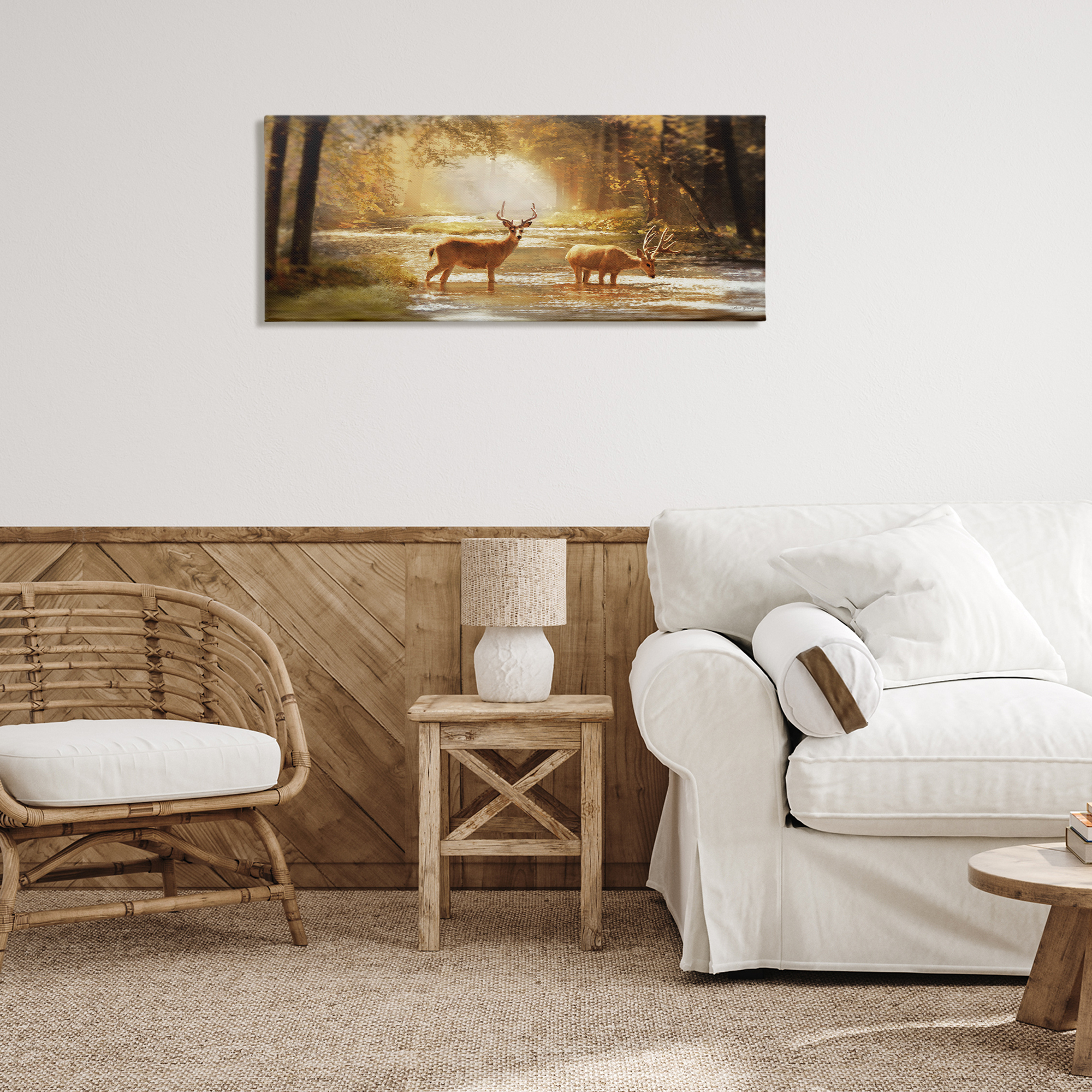 Stupell Industries Deer in Sunlit Grove Landscape Painting Gallery Wrapped Canvas Art Print Wall Art, 40 x 17