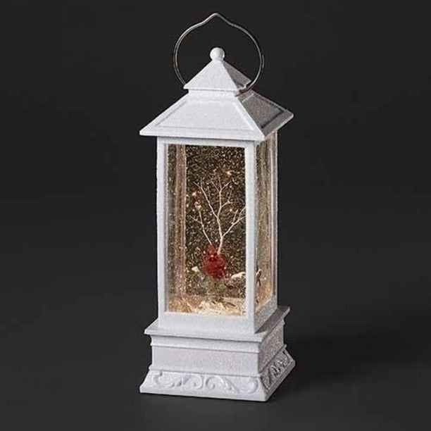 10.75" White LED Lighted Red Cardinal Christmas Lantern Snow Globe