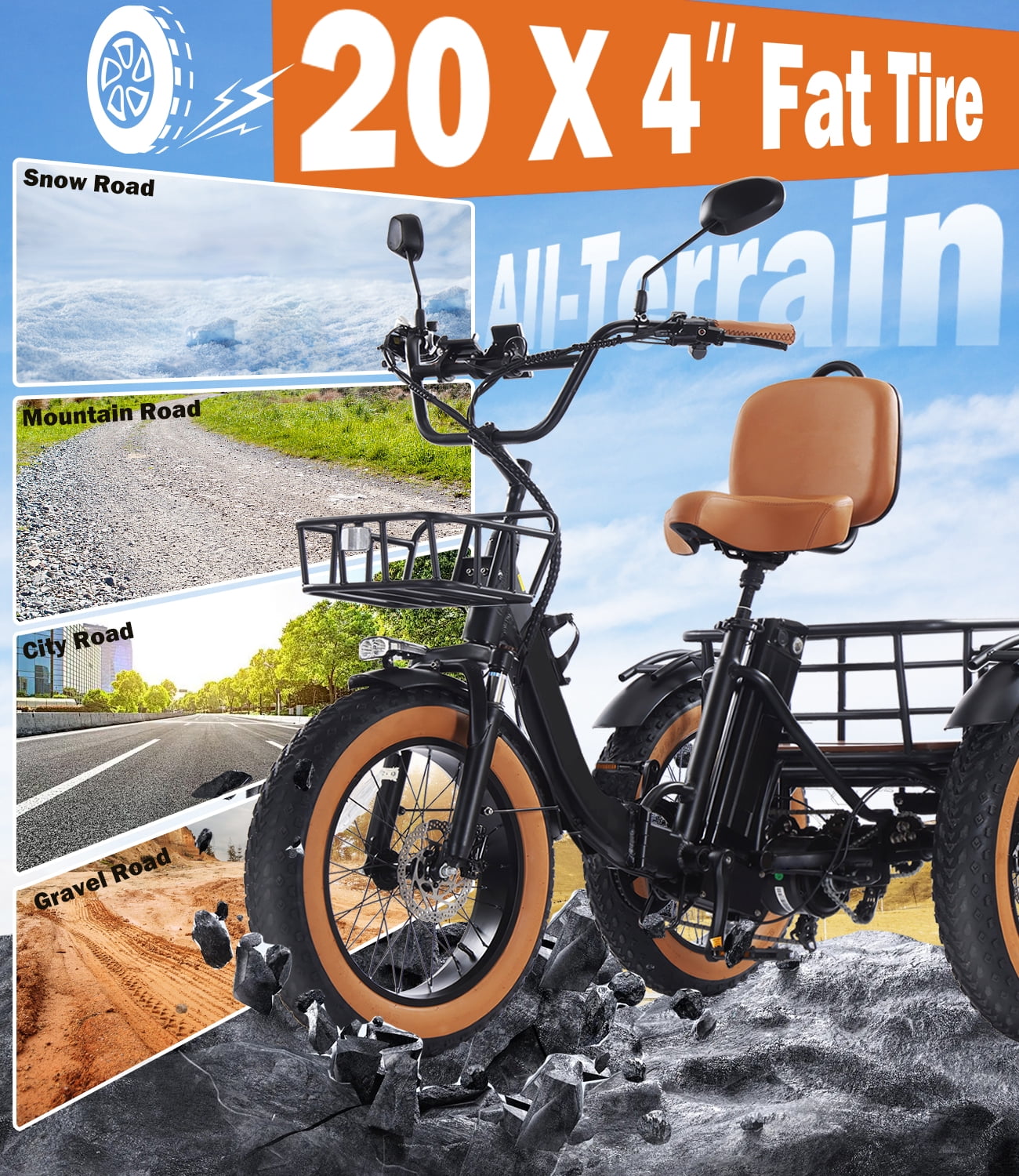 Electric Tricycle for Adult Folding Etrike Adult Electric 3 Wheels Bicycle Peak 1350W Motor Aluminum Frame 48V15.6AH Lithium Battery 20×4.0" Fat Tire & Rear Differential