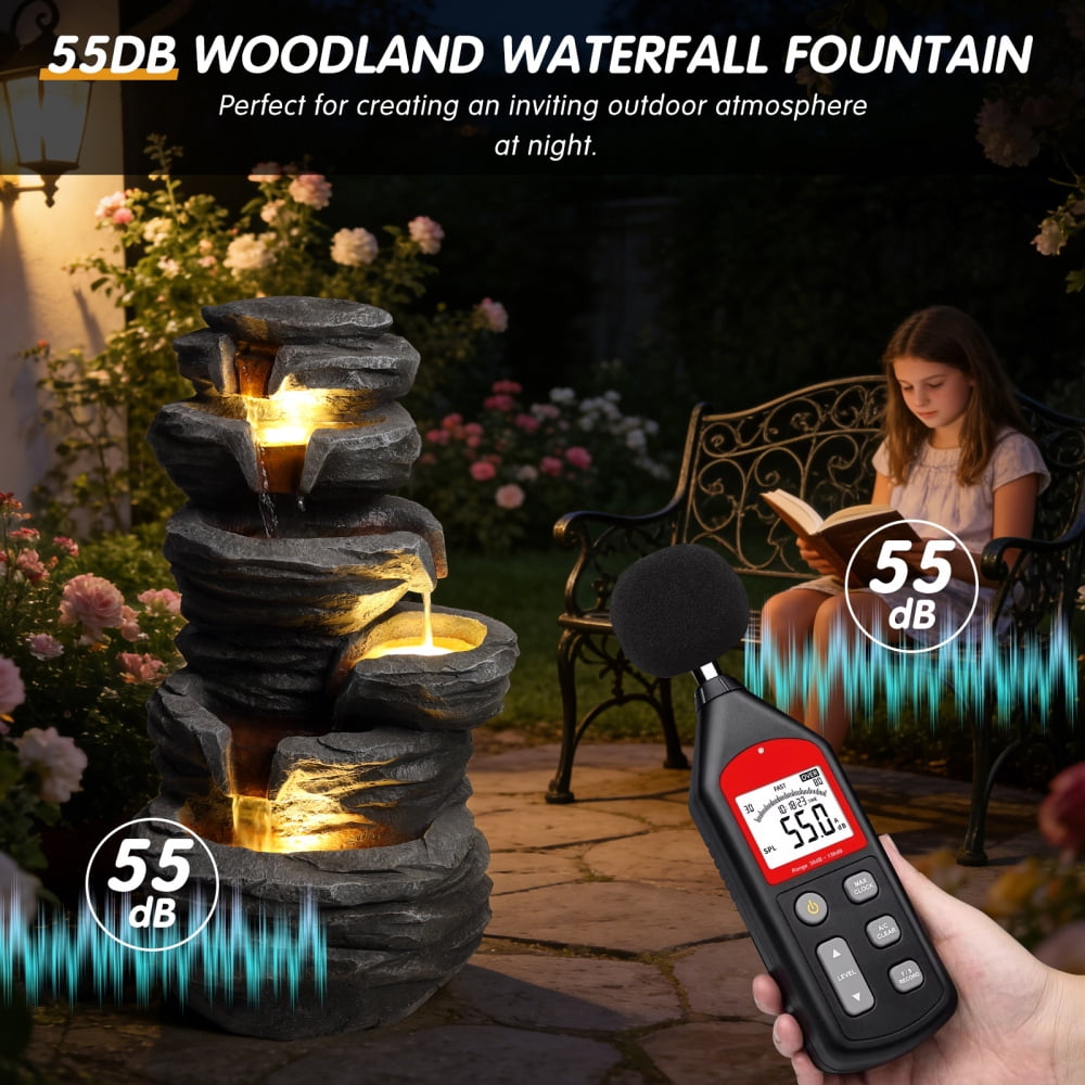 Stacked Rock Outdoor Waterfall Fountain with Warm LED Lights, Multi-Tier Cascading Water Feature Resin Garden Decor for Patio Yard Porch Landscape