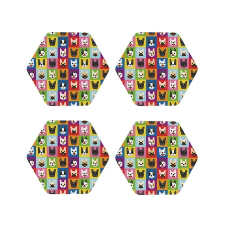 

Fuzoiu Colorful Bulldog Print Leather Coasters Set Drink Coasters Set of 4 for Tabletop Protection Durable PVC Coasters Home Décor and Housewarming Gift-Hexagon