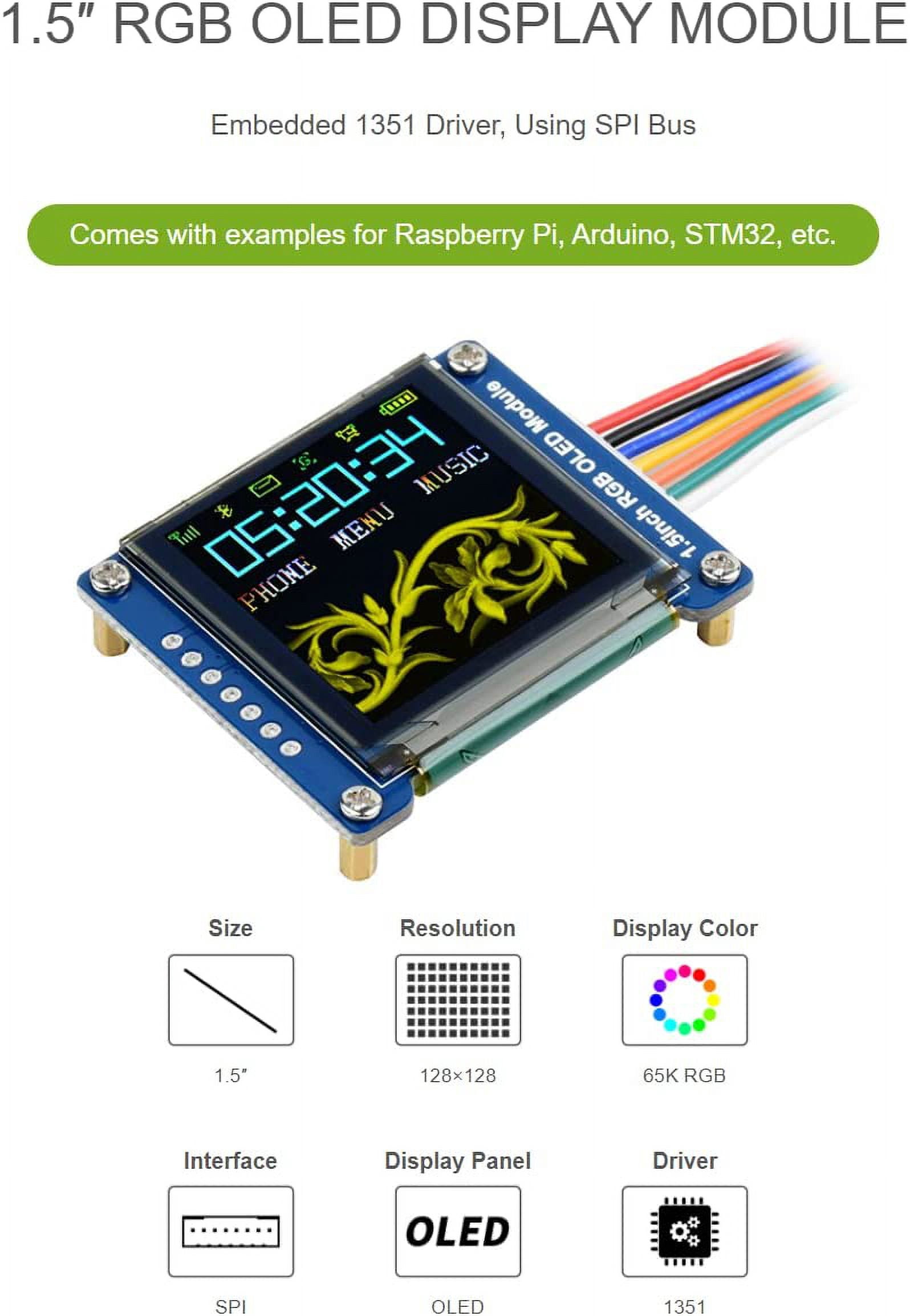 1.5inch RGB OLED Display Module, 128x128 Pixels Displaying 65K Colors, Support Arduino STM32, SPI Interface