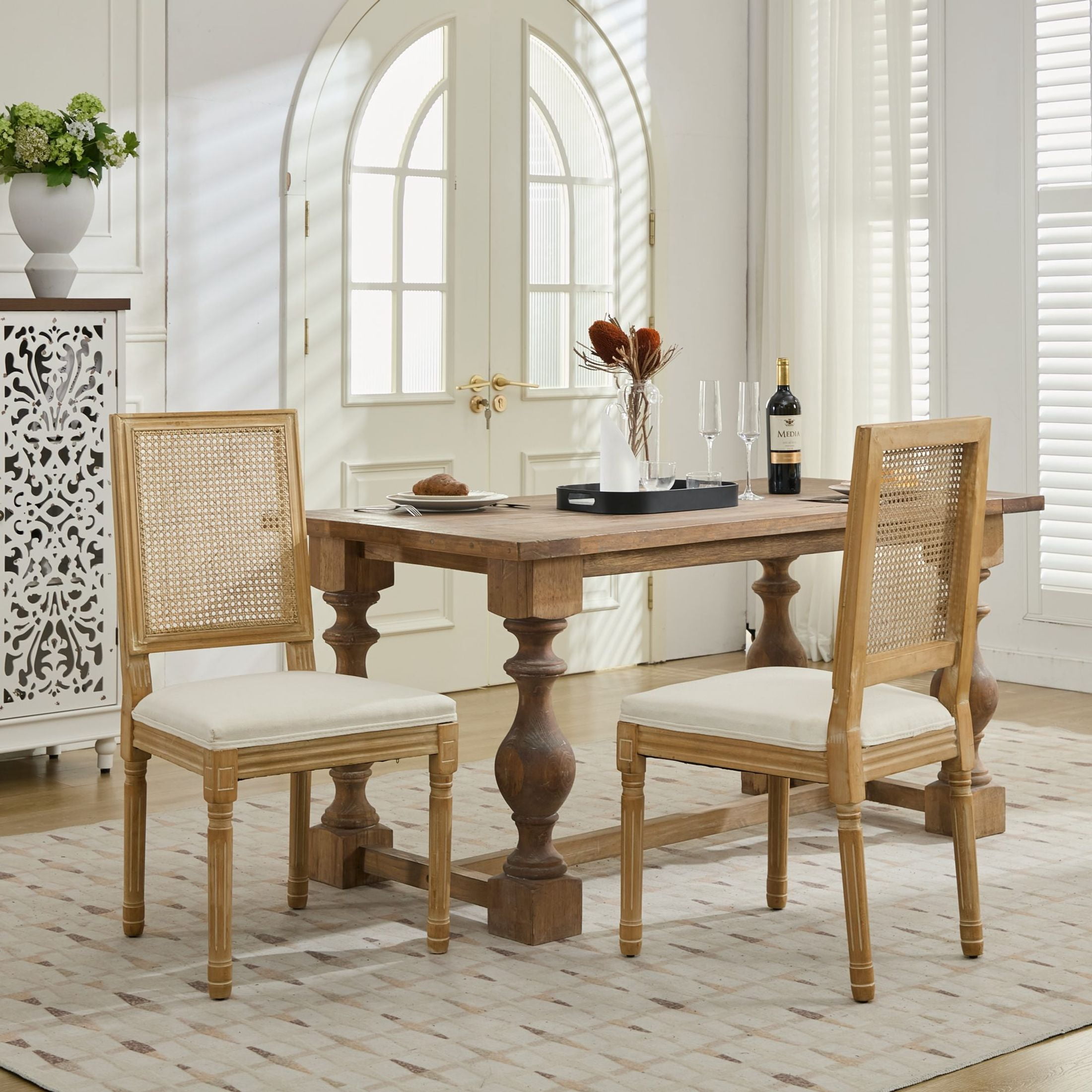 Noble House Set of 2 French Decor Dining Chairs, Rattan Backrest, Linen Fabric Seat, Beige