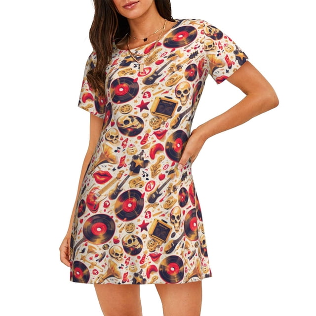 Fotbe gold Skull Guitar record Bata de Dormir para Mujer con Estampado, Camisón de Algodón de Manga Corta, Ropa de Dormir Casual