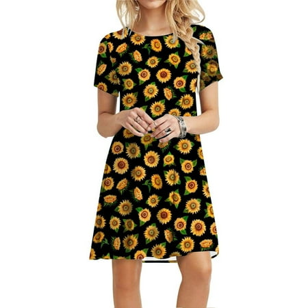 

cllios Women s Casual Plain Loose Short Sleeve Loose Dress Floral Print Sunflower Print Dress for Women 2022
