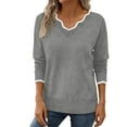 thumbnail image 3 of UVEASISHA Womens V Neck Sweaters Color Block Long Sleeve Knitting Cotton Tops Lightweight Pullover Sweaters Fall Fashion Outfits Gray S, 3 of 8