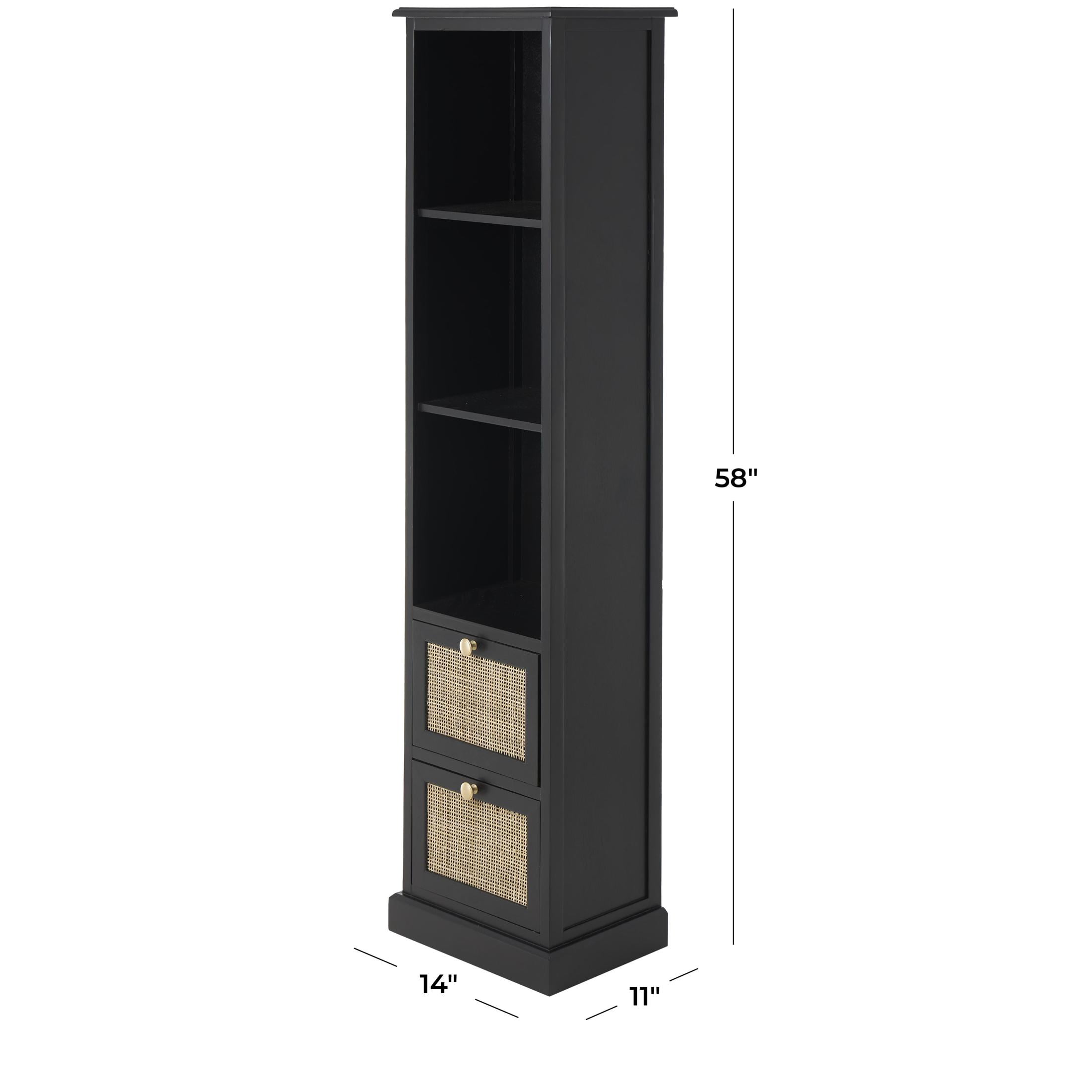 DecMode 14" x 58" Black Wood 2 Drawer and 3 Shelf Cabinet with Rattan Front, 1-Piece