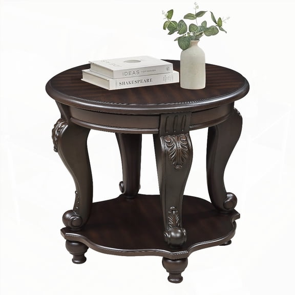 22'' Chipped White Round End Table, Solid Wood with Shelf, Living Room Corner Table, Easy Assembly, Espresso