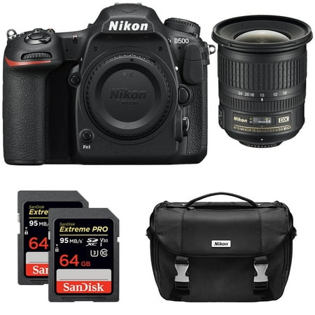 Nikon D500 CMOS DX DSLR Camera w/ 4K Video (Body) + NIKKOR 10-24mm f/3.5-4.5G ED Lens + 2x Sandisk Extreme PRO 64GB SDXC UHS-1 Memory Card + Deluxe DSLR Camera Bag
