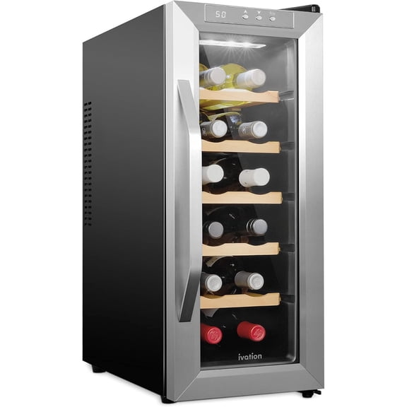 Ivation 12 Bottle Wine Fridge Freestanding Wine Cooler Refrigerator with Glass Door