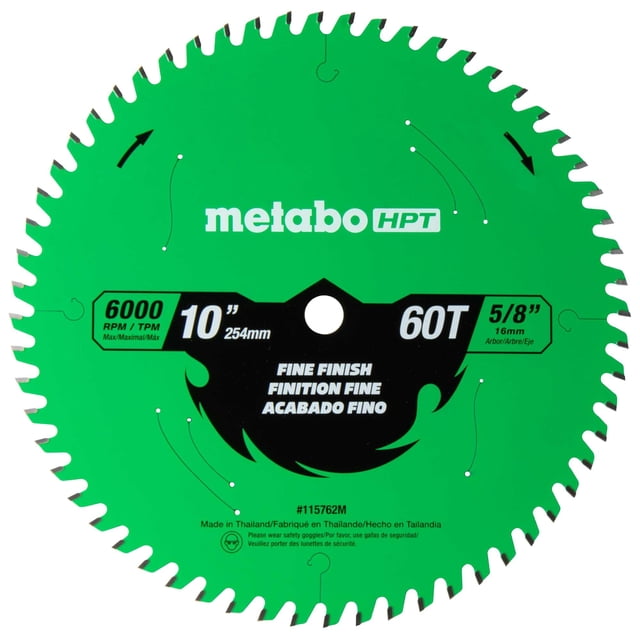 Metabo HPT 10-Inch Miter Saw/Table Saw Blade, Fine Finish, 60-Tooth, 5/8-Inch Arbor, Industrial High Performance Tungsten Carbide, PTFE Coat