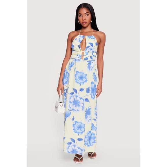 Women's Floral Keyhole Front Open Back Halter Maxi Dress