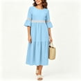 thumbnail image 4 of Bosfbaoi Maxi Dresses for Women Round Neck 3/4 Bell Sleeve Lace Trim Tiered Flowy Boho Long Dress, 4 of 8