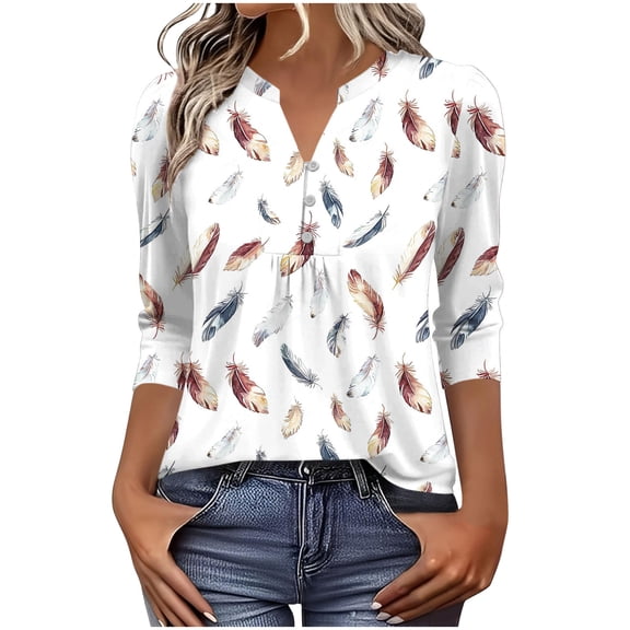 YUGYXL 3/4 Length Sleeve Tops for Womens Dressy Casual Henley V-Neck Summer Tops Pleated T-Shirts Loose Fit Work Blouses White XL