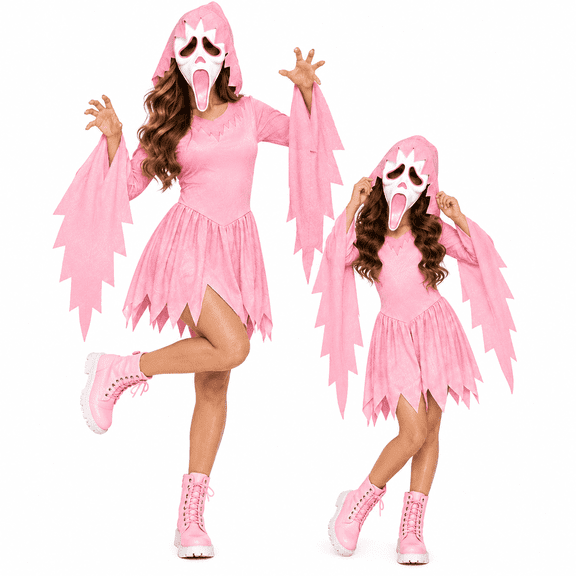 Pink Glitter Ghost Halloween Costume, Hooded Tunic Dress with Face Mask, Spooky Sawtooth Sleeve Cosplay Outfit for Halloween