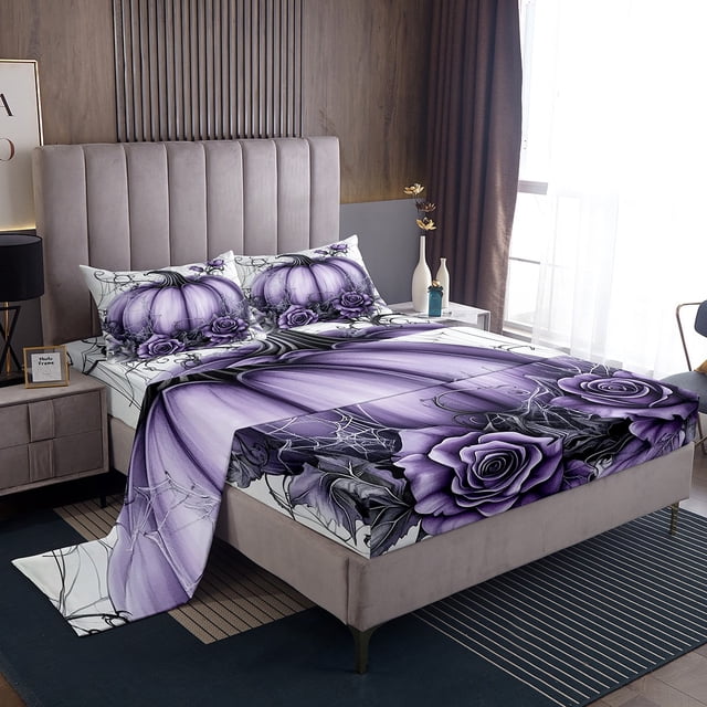 YST Draps d'Automne Citrouille de Récolte Format Double Ensemble de Draps d'Automne pour l'Action de Grâce Ensemble de Draps Rustique de Style Ferme Ensemble de Literie Fleur Violette pour Enfants et Garçons avec 2 Taies d'Oreiller