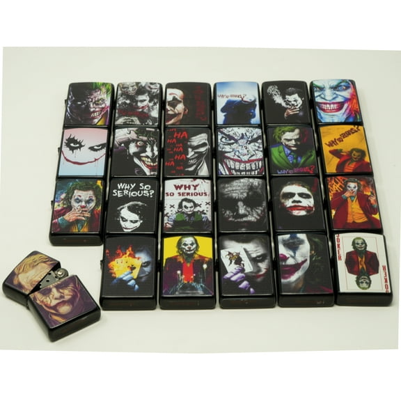 Collectible Joker Design – 24 Pcs Mixed Black Metal Windproof Oil Lighters - Pack of 24 -